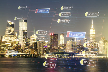 Double exposure of abstract programming language interface on New York city skyscrapers background,...