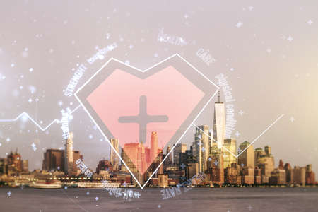 Abstract virtual heart rate sketch on Manhattan cityscape background, Medicine and healthcare concept. Multiexposureの写真素材