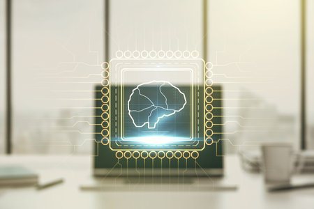 Double exposure of creative artificial Intelligence symbol with modern laptop on background. Neural...