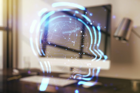 Creative artificial Intelligence concept with human head sketch on modern computer background....