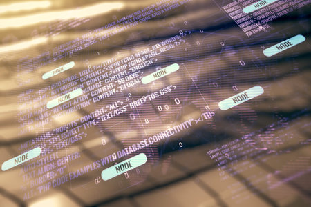 Multi exposure of abstract software development hologram and world map on blurry metal background,...