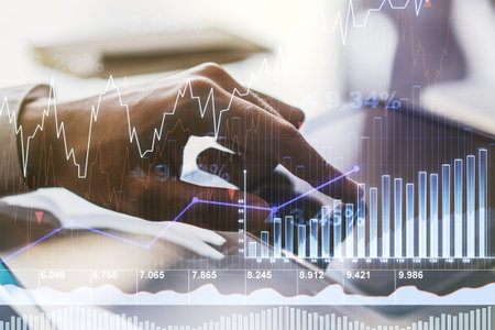 Abstract creative financial graph with finger clicks on a digital tablet on background, forex and...