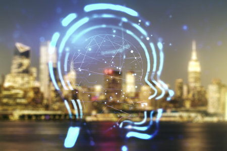 Abstract virtual artificial Intelligence concept with human head sketch on blurry skyscrapers...