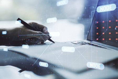 Double exposure of abstract programming language with hand writing in notebook on background with...