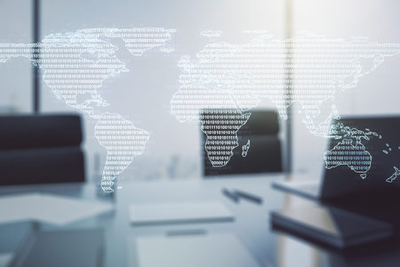 Double exposure of abstract digital world map and modern desk with computer on background, big data...