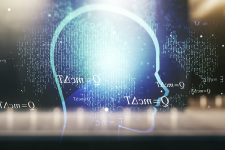 Abstract virtual artificial Intelligence concept with human head sketch on blurry contemporary...