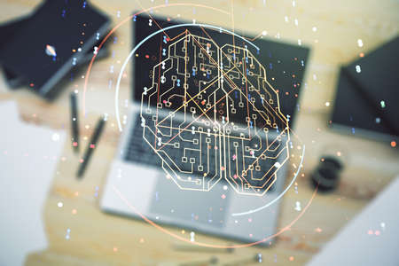 Double exposure of creative human brain microcircuit with computer on background. Future technology and AI conceptの写真素材