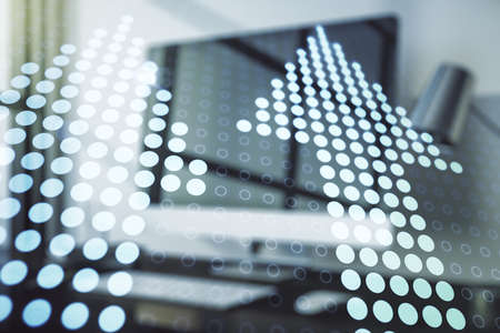 Creative concept of upward arrows illustration on modern laptop background. Breakthrough and progress concept. Multiexposureの写真素材