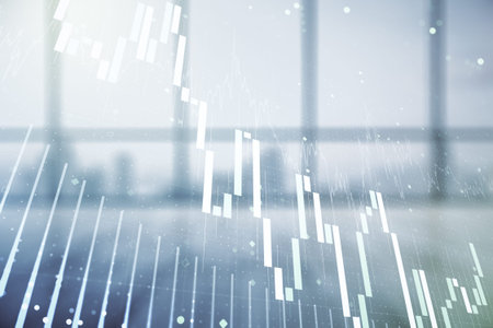 Double exposure of abstract creative financial chart hologram on empty modern office background,...