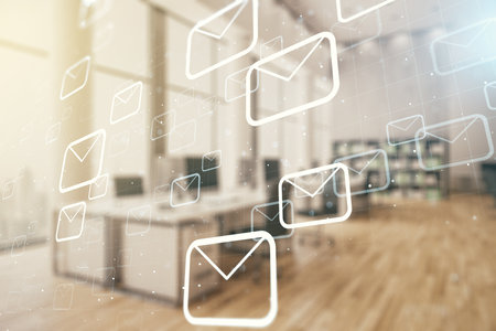 Abstract virtual postal envelopes sketch on a modern furnished office interior background, e-mail and marketing concept. Double exposureの写真素材
