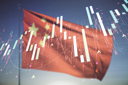 Multi exposure of abstract virtual financial graph hologram on flag of China and sunset sky...