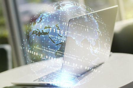 Multi exposure of abstract graphic coding sketch with world map on modern computer background, big data and networking conceptの写真素材