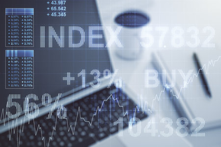 Multi exposure of abstract creative financial graph on modern computer background, forex and investment conceptの写真素材