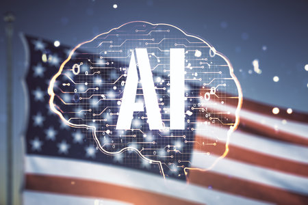 Virtual creative artificial Intelligence hologram with human brain sketch on US flag and blue sky background. Multiexposureの写真素材