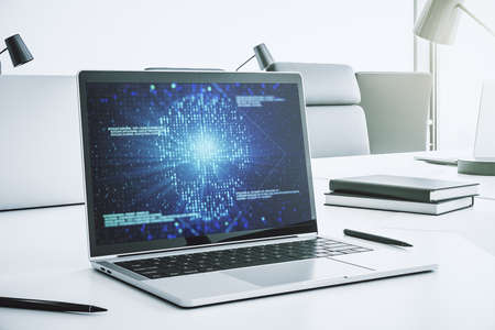 Creative code skull hologram on modern computer monitor, cybercrime and hacking concept. 3D Renderingの写真素材