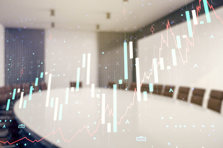 Multi exposure of virtual abstract financial diagram on a modern furnished office interior...