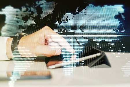 Double exposure of abstract digital world map and finger clicks on a digital tablet on background,...