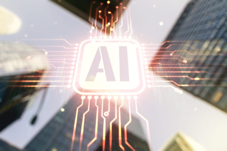 Abstract virtual artificial Intelligence symbol hologram on office buildings background....