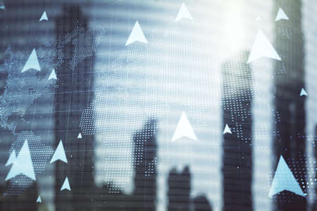 Abstract virtual geolocations map hologram on office buildings background. GPS tracking and navigation concept. Multiexposureの写真素材