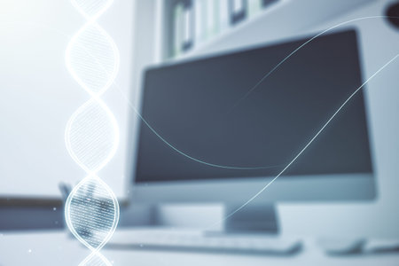 Creative light DNA illustration and modern desktop with pc on background, science and biology...