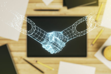 Creative concept of blockchain technology with handshake and modern digital tablet on background,...