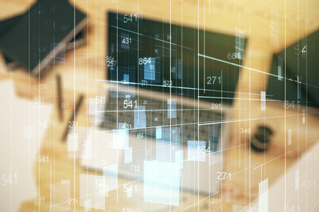 Multi exposure of abstract graphic data spreadsheet sketch on modern computer background, analytics...