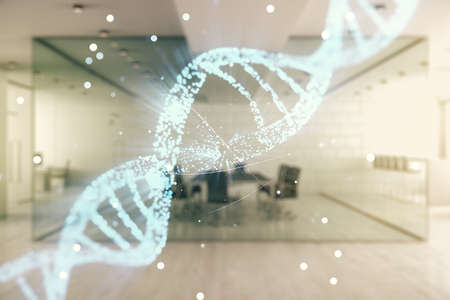 DNA hologram on a modern furnished classroom background, science and biology concept. Multiexposureの写真素材