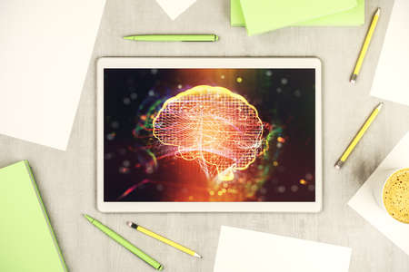 Top view of modern digital tablet screen with creative human brain microcircuit. Future technology and AI concept. 3D Renderingの写真素材