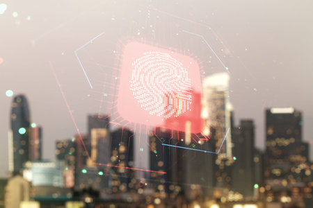 Double exposure of virtual creative fingerprint hologram on blurry office buildings background,...