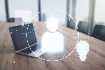 Double exposure of social network icons concept with computer on background. Networking concept
