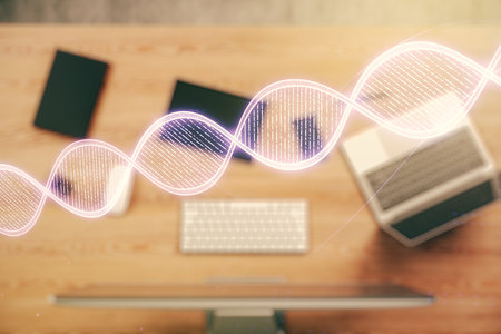 Creative light DNA illustration on modern computer background, science and biology concept. Multiexposureの写真素材