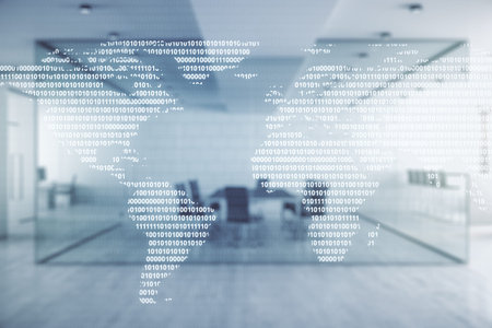 Multi exposure of abstract creative digital world map hologram on modern corporate office background, research and analytics conceptの写真素材