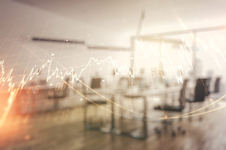 Abstract virtual financial graph hologram on a modern furnished office background, forex and...