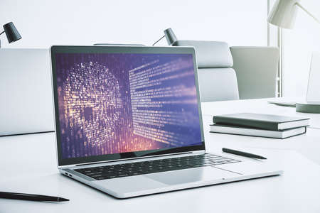 Creative code skull hologram on modern computer monitor, cybercrime and hacking concept. 3D Renderingの写真素材