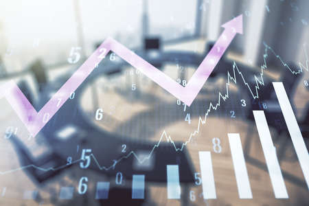 Abstract virtual financial graph hologram and upward arrow on a modern conference room background, forex and investment concept. Multiexposureの写真素材