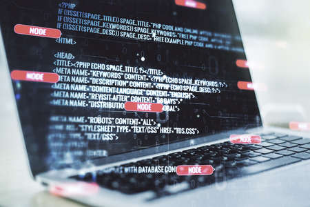 Multi exposure of abstract graphic coding sketch on modern computer background, big data and networking conceptの写真素材