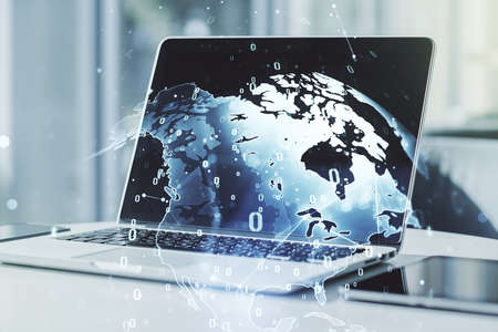 Multi exposure of abstract software development hologram with world map on laptop background, global research and analytics conceptの写真素材