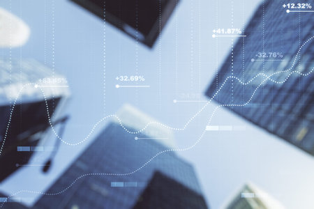 Abstract virtual analytics data spreadsheet on modern architecture background, analytics and...