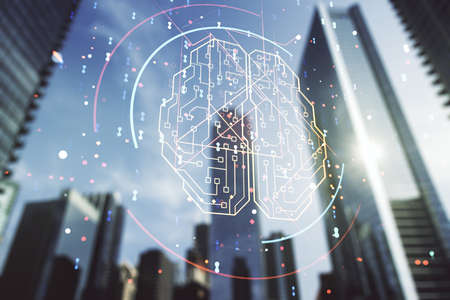 Virtual creative artificial Intelligence hologram with human brain sketch on modern architecture background. Double exposureの写真素材