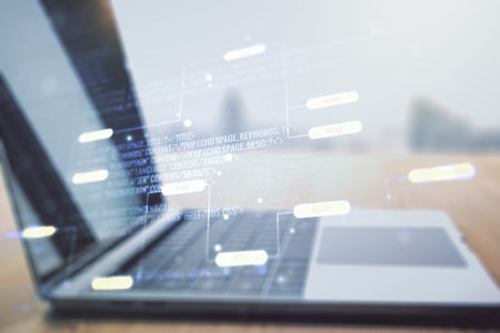 Double exposure of abstract creative programming illustration on computer background, big data and...