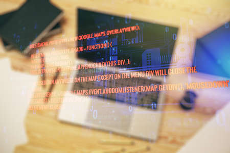 Multi exposure of abstract graphic coding sketch on modern computer background, big data and networking conceptの写真素材