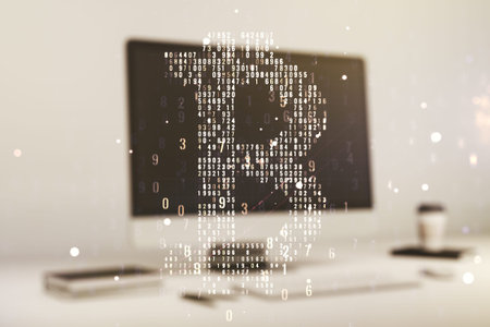 Creative Bitcoin concept with modern computer background. Double exposure