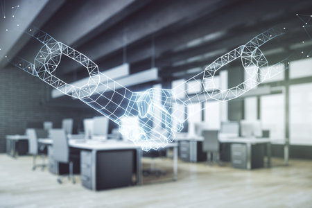 Abstract virtual blockchain technology hologram with handshake on a modern furnished office...