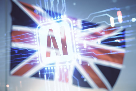 Double exposure of creative artificial Intelligence icon on British flag and blue sky background. Neural networks and machine learning conceptの写真素材