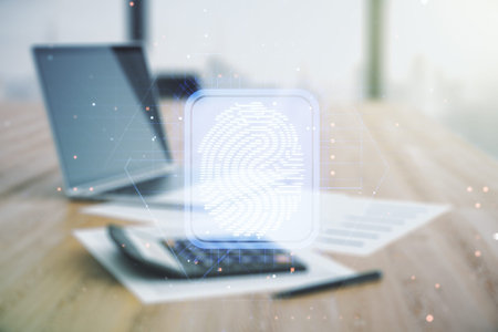 Multi exposure of virtual graphic fingerprint sketch on blurry calculator and computer background,...