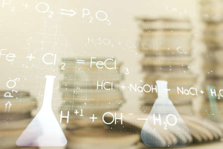 Creative chemistry hologram on growing coins stacks background, pharmaceutical research concept. Multiexposureの写真素材