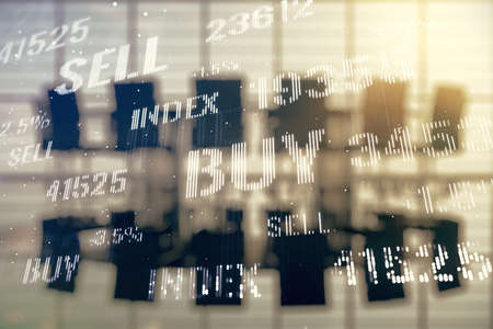 Abstract virtual financial graph hologram on a modern conference room background, forex and investment concept. Multiexposureの写真素材