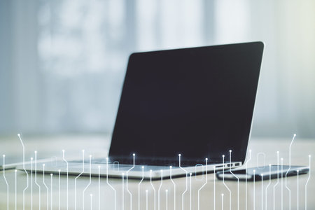 Creative abstract micro chip hologram on modern computer background, artificial intelligence and...