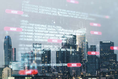 Abstract virtual coding illustration on Los Angeles cityscape background, software development concept. Multiexposureの写真素材