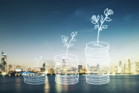 Double exposure of virtual cash savings hologram on Chicago city skyscrapers background. Development...